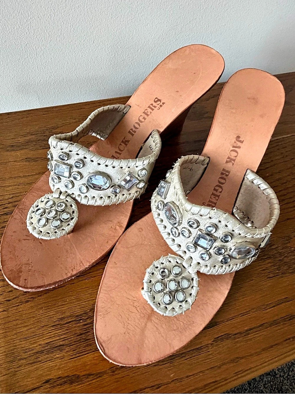 Jack Rogers Metallic Jeweled Rhinestone Leather Heeled Slide Sandals